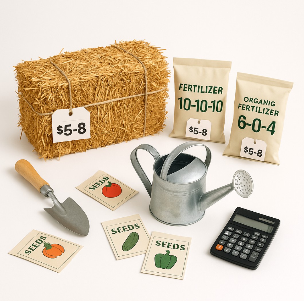 Layout of straw bale gardening materials showing cost-effective investment
